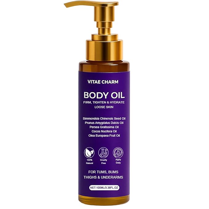 Vitae Charm Body Oil, Luxury Body Oil for Crepe Skin, Firming Tightening & Hydrating Body Serum with Vitamin E and Sweet Almond Oil, Smooths Skin for Women