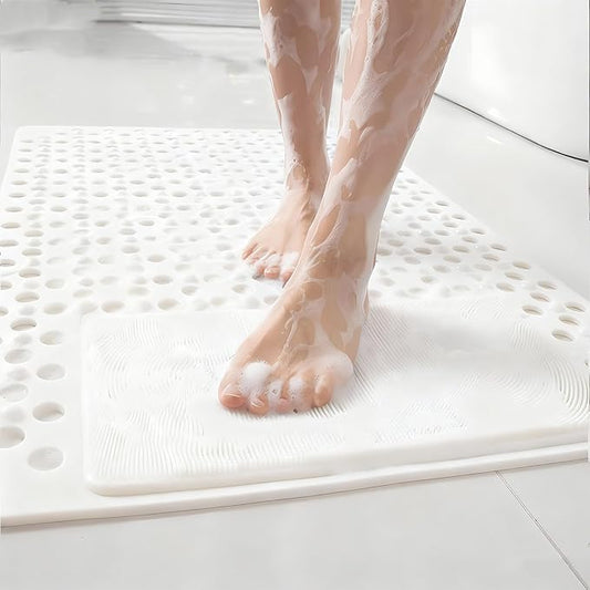 Bath Tub Shower Mat with Soft Shower Foot Scrubber Mat for Massage,Non Slip Bathtub Mat with Strong Suction Cups, Silicone Shower Foot Scrubber Mat (White, 35.4" X 23.6"(Rectangular))