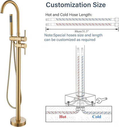 Brushed Gold Freestanding Bathtub Faucet with Hand Shower Tub Filler Faucet Floor Mounted High Flow Single Handle Bath Filler Solid Brass