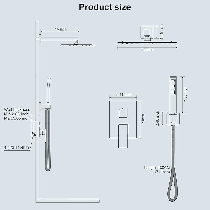 Shower Faucet Set Bathroom Square Rain Shower Head and Handle Set, Wall Mounted Shower Fixtures With Shower Valve and Trim Kit 12 inch Brushed Nickel