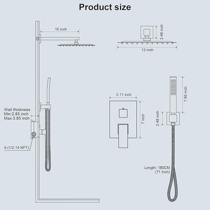 Shower Faucet Set Bathroom Square Rain Shower Head and Handle Set, Wall Mounted Shower Fixtures With Shower Valve and Trim Kit 12 inch Brushed Nickel