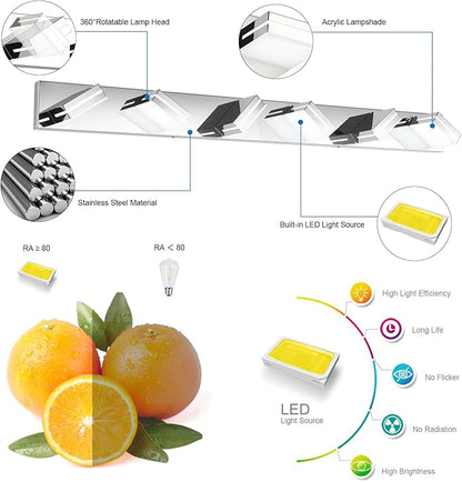 SineRise LED Modern Bathroom Vanity Light Fixtures (6-Light, 48-Inch), Chrome Modern Acrylic Bathroom Wall Lighting Fixtures Over Mirror (Cool White 6000K)