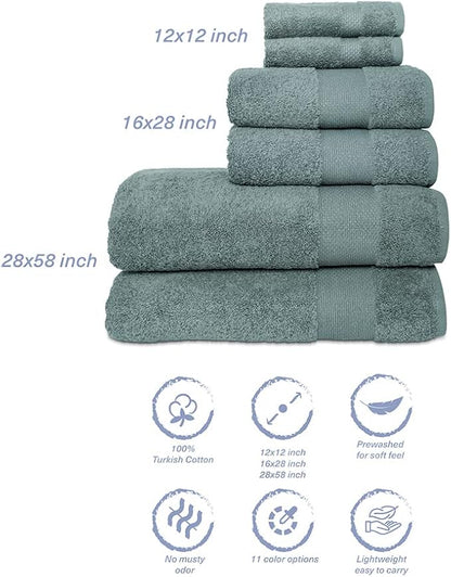 Hencely 6-Piece Bath Towel Set - High Absorbency, Quick Drying - 100% Soft Turkish Cotton - 2 Bath Towels, 2 Hand Towels, 2 Washcloths - for Bathroom, Home, Hotel, Spa, and Gym - 6-Pack Dark Green