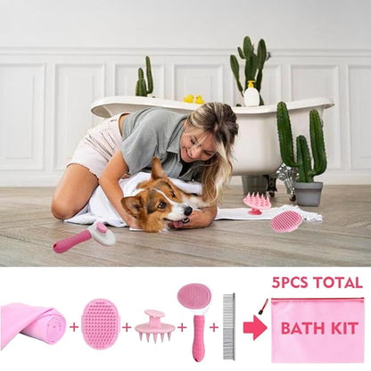 Dog Bath Brush Bathing Kit 5PCS - Pet Washing Brush, Dog Brush for Shorted Haired Dogs, Dog Scrubber for Bath, Scalp Scrubber Hair Bath Brush Set Pink