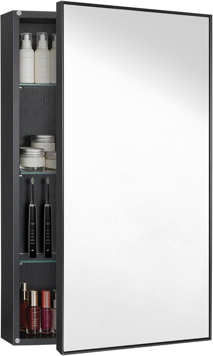 Black Bathroom Medicine Cabinet with Mirror, 17x30 Inch Rectangle Wall-Mounted Bathroom Mirror with Storage & Adjustable Tempered Glass Shelves for Bathroom Vanity, Over Sink