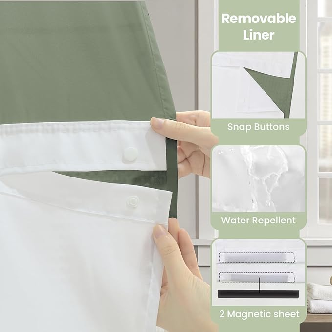 Inhousolu Stall No Hook Shower Curtain with Snap in Fabric Liner Set Waffle Weave 230GSM Weighted Hem, Waterproof & Washable Bathroom Curtain Spa Luxury with Mesh Top Window 36" W x 72" L Sage Green