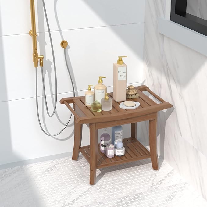 Bamboo Shower Stool Bench Waterproof with Storage Shelf for Shaving Legs or Spa Bath Seat in Bathroom & Inside Shower for Adults Seniors Elderly (24 x 13.4 x 18.5 inches+Walnut)