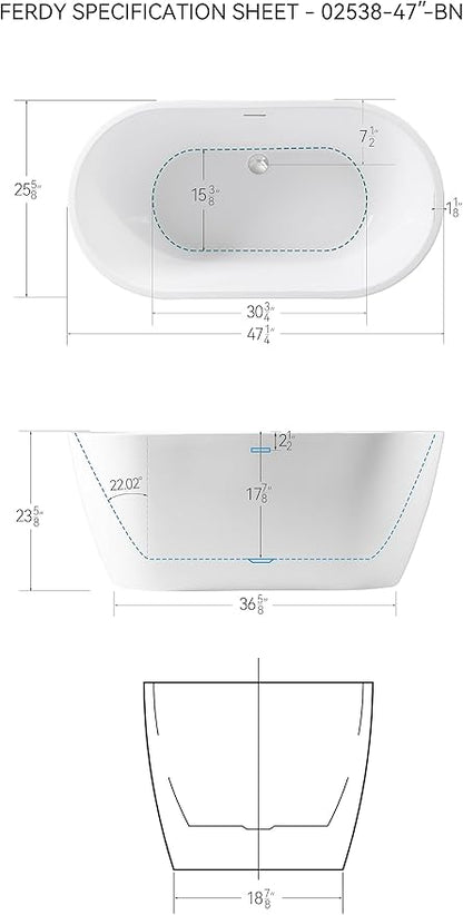 FerdY 47" Bali Acrylic Freestanding Bathtub, Gracefully Shaped Freestanding Soaking Bathtub, cUPC Certified, Toe-Tap Polished Chrome Drain and Minimalist Linear Design Overflow Included