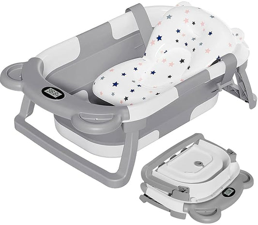 TPN Collapsible Baby Bathtub, Baby Bath Tub with Soft Cushion & Real-Time Thermometer, Baby Bathtub Infant to Toddler Tub (0-36 Months), Portable Newborn Travel Bath tub