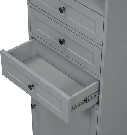 Favfurish 67" Tall Bathroom Storage Cabinet with Door and 3 Drawers,Modern Linen Cabinets w/Adjustable Shelf & 2-Tier Open Shelves,Freestanding Organizer for Bath Room,Study,Office,Grey