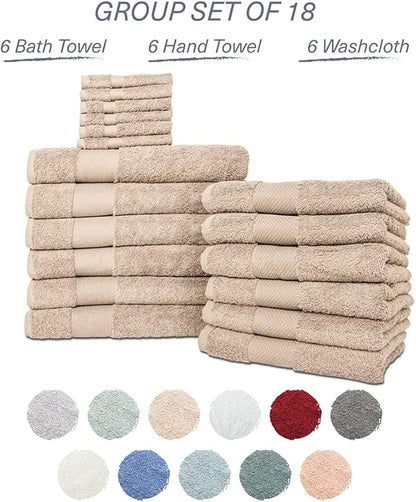 Hencely 18-Piece Bath Towel Set - High Absorbency, Quick Drying - 100% Soft Turkish Cotton - 6 Bath Towels, 6 Hand Towels, 6 Washcloths - Bathroom, Home, Hotel, Spa, and Gym - 18-Pack Beige