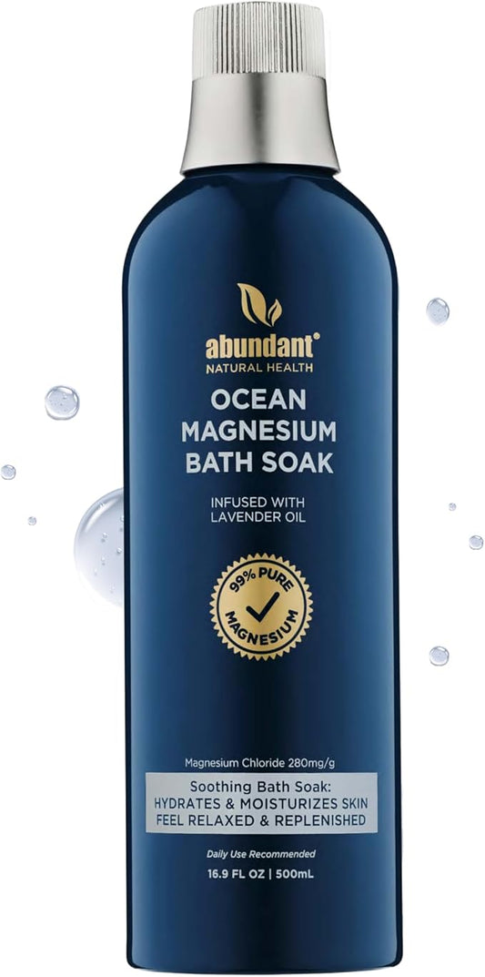Abundant Natural Health Ocean Magnesium Bath Soak Infused with Lavender Oil to Hydrate, Soothe and Moisturize Skin, Relax and Replenish Muscles, Highly Concentrated Pure Magnesium Salts, 500mL