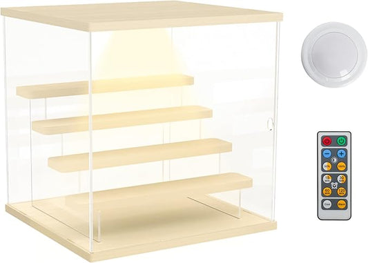 Choowin 5 Tier Clear Acrylic Lighted Display Case for Collectibles, Mini Figures, Pop Mart, Labubu, Sonny Angel, Smiski - Assemble Dustproof Display Box with Door, Stand (Wood Top Base, Clear Step)