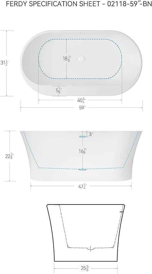 FerdY Mauritius 59" Acrylic Freestanding Tub, Oval Contemporary Soaker Tub, Extra Deep Bathtub, Gloss White Drainage and Minimalist Linear Design Overflow, Modern White, cUPC Certified