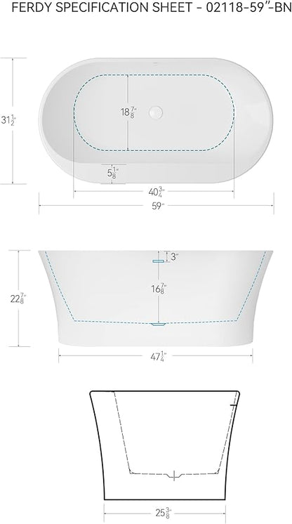 FerdY Mauritius 59" Acrylic Freestanding Tub, Oval Contemporary Soaker Tub, Extra Deep Bathtub, Gloss White Drainage and Minimalist Linear Design Overflow, Modern White, cUPC Certified