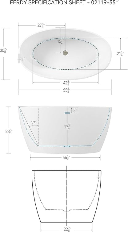 FerdY Tahiti 55" Acrylic Freestanding Bathtub, Elegant Oval Shape Soaking Bathtub, Glossy White, Brushed Nickel Drain & Integrated Slotted Overflow Assembly Included cUPC Certified