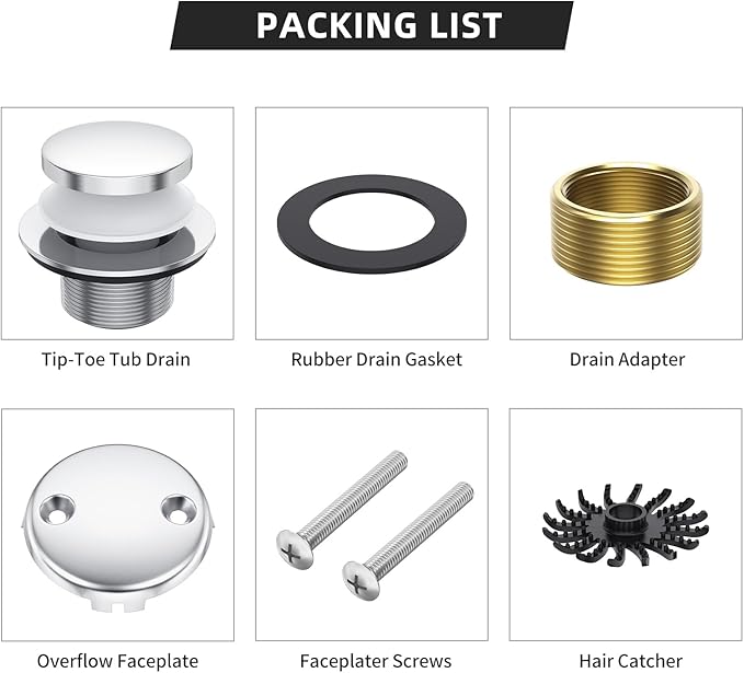 Tub Drain Replacement Kit, Metal Tip-Toe Bathtub Drains and Overflow Kit with Hair Catcher, Shower Bath Tub Drain Assembly with Two-Hole Overflow Faceplate Conversion Kit -Chrome Plated