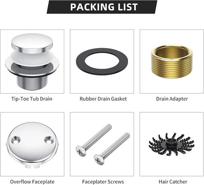 Tub Drain Replacement Kit, Metal Tip-Toe Bathtub Drains and Overflow Kit with Hair Catcher, Shower Bath Tub Drain Assembly with Two-Hole Overflow Faceplate Conversion Kit -Chrome Plated