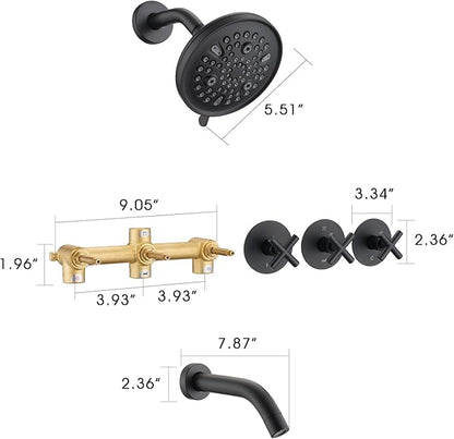 PROOX 3 Handle Tub Shower Faucet Set, 9-Setting Rainfall Shower Head with Tub and Shower Trim Kit with Rough-in Valve, Matte Black Bathtub Shower Faucets, Wall Mounted Bathroom Rain Shower System