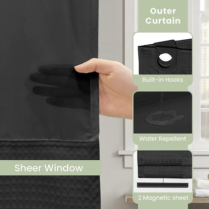 Inhousolu Stall No Hook Shower Curtain with Snap in Fabric Liner Set Waffle Weave 230GSM Weighted Hem, Waterproof & Washable Bathroom Curtain Spa Luxury with Mesh Top Window 36" W x 72" L Black