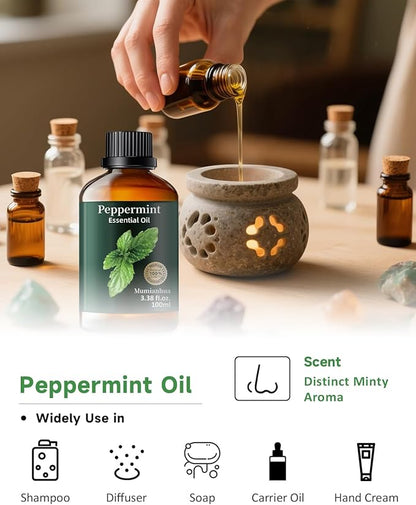 Peppermint Essential Oil Pure, Mumianhua Natural Peppermint Oil for Diffuser, Aromatherapy, Skin, Hair,SPA, DIY, Soap Making,Cleaning 3.38 Fl Oz