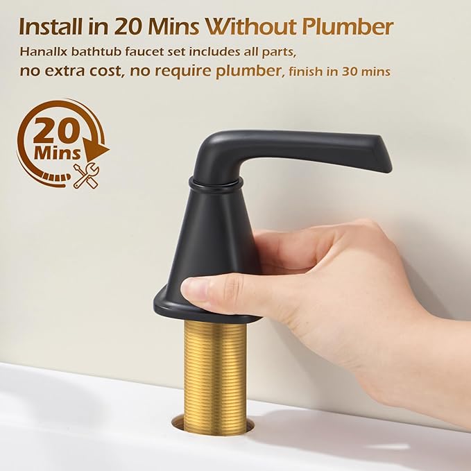 Black Bathtub Faucet Brass Roman Tub Faucet, Gooseneck Tub Filler, Garden Tub Faucet Deck Mount 3 Hole High Flow 2 Handle Bathtub Faucet Set, with Valve & Hose,12-20in Widespread