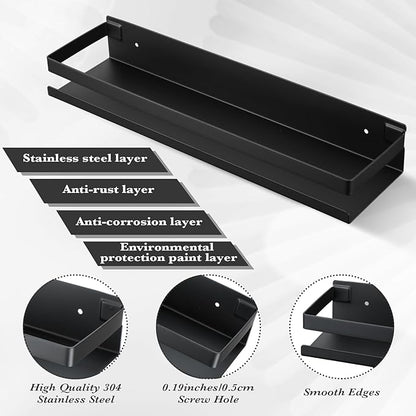 Lallisa 2 Pieces Stainless Steel Shelf Bathroom Shower Floating Shelves Wall Mounted Shower Caddy Basket Shelf Storage Organizer Shelves for Bathroom, Kitchen, Living Room (Black,15.75 Inch/ 40 cm)
