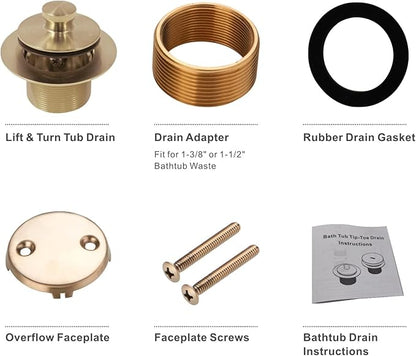 Bathtub Tub Drain Conversion Kit Assembly, Wellup Lift and Turn Twist Tub Drain Trim Kit with Two-Hole Overflow Faceplate, Brushed Brass Gold