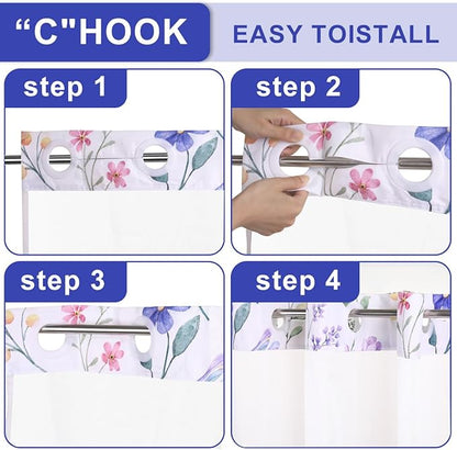 No Hook Shower Curtain Set with Snap in Fabric Liner for Bathroom,with See Through Top Window,Double Shower Curtain with Detachable Liner Replacement,Machine Washable,Flowers,71"x 74"