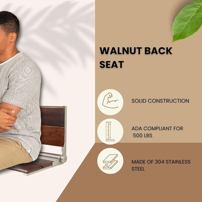 Folding Shower Seat Wall Mounted with Back | 500 lbs Maximum Load Capacity | ADA Compliant Safety Assist Teak Shower Seat for Seniors, Handicapped, and Children | 304 Stainless Steel Frame | 26” x 16”