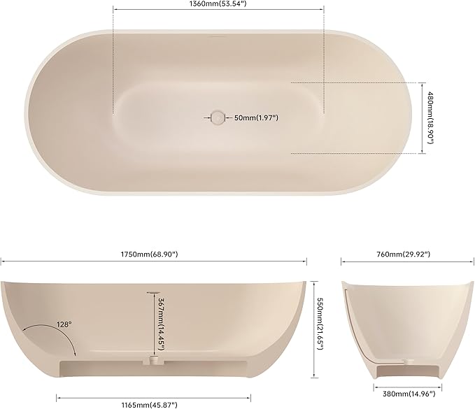 SJ STAR&JANE 69" Solid Surface Freestanding Bathtub,Milk Coffee Stone Resin Soaking Tub, Modern Stand Alone Tub for Bathroom, Integrated with Overflow & Pop-up Drain