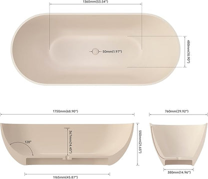 SJ STAR&JANE 69" Solid Surface Freestanding Bathtub,Milk Coffee Stone Resin Soaking Tub, Modern Stand Alone Tub for Bathroom, Integrated with Overflow & Pop-up Drain