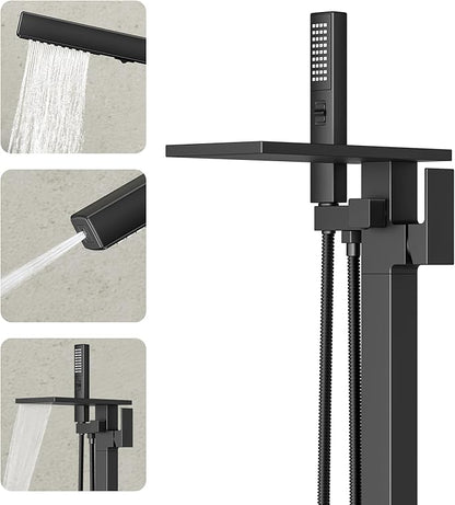 Freestanding Bathtub Faucet with Handheld Sprayer, Matte Black Floor Mount Tub Filler, High Flow Waterfall Brass Bath Shower Faucet for Modern Bathroom