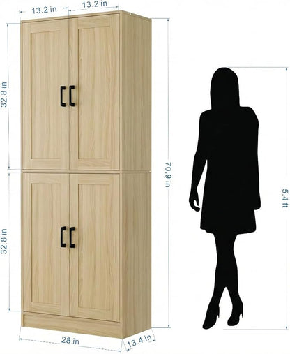71" Tall Kitchen Pantry Cabinet, Freestanding Food Storage Organizer with Doors & Adjustable Shelves, Large Utility Hutch Cupboard for Dining Room, Living Room, Bathroom & Home Office, Oak