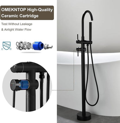 Freestanding Bathtub Faucet, Matte Black Floor Mount Tub Filler, Modern Freestanding Tub Faucet with 360 Swivel Gooseneck Spout and Handheld Shower, Standing Tub Faucet for Bathroom