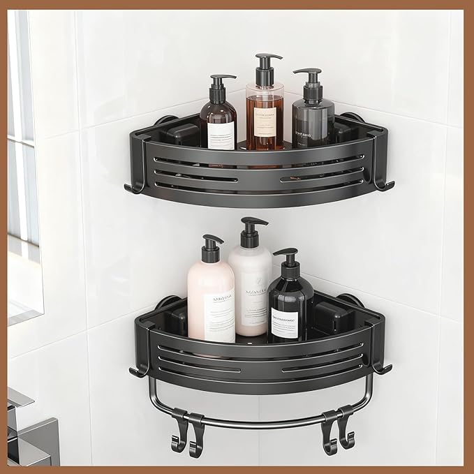 Aluminum Corner Shower Caddy, Rust Proof Bathroom Organizer with Suction Cup, Press Fit Tripod Design, Storage Rack for Shampoo