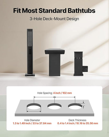 VEVOR Roman Tub Faucet, 3 Hole Waterfall Bathtub Faucet, Roman Bathtub Faucets Set with Shower Head & 1 Handle, Romans Bathtub Faucets for Pet Washing, Adult Bathing, Matte Black, Stainless Steel