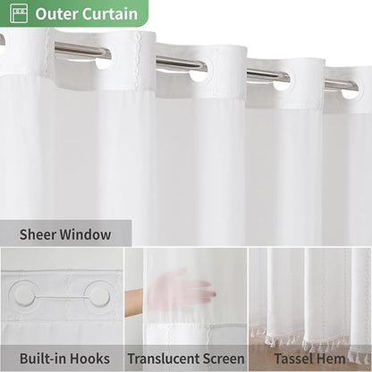 No Hook Long Shower Curtain Set with Snap-in Fabric Liner,Linen Ultra Thick Fabric with Tassels,Boho Chic Modern Farmhouse Country Neutral Cloth Shower Curtains for Bathroom,White,71x80