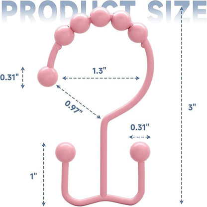 Titanker Shower Curtain Hooks Rings, Rust-Resistant Metal Double Glide Shower Hooks for Bathroom Shower Rods Curtains, Set of 12 Hooks - Light Pink