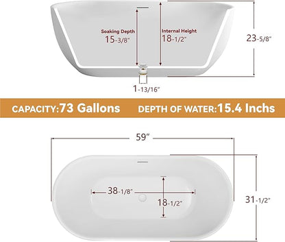 59" Free Standing Tub, Pure Acrylic Freestanding Bathtub, Stylish Stand Alone Contemporary Deep Soaking Bath Tub, cUPC Certified SY6850 (Glossy White)
