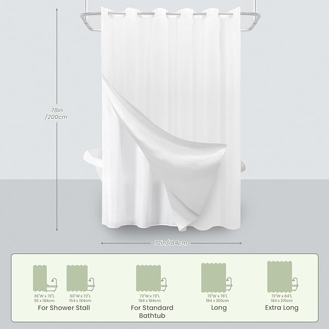 Inhousolu No Hook Waffle Weave Shower Curtain with Removable Snap in Fabric Liner Set for Bathroom, 230 GSM Heavy Duty, Water Repellent Washable Bath Curtains (White, 72" W x 78" L(Pack of 1))