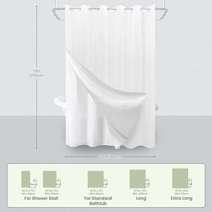 Inhousolu No Hook Waffle Weave Shower Curtain with Removable Snap in Fabric Liner Set for Bathroom, 230 GSM Heavy Duty, Water Repellent Washable Bath Curtains (White, 72" W x 78" L(Pack of 1))