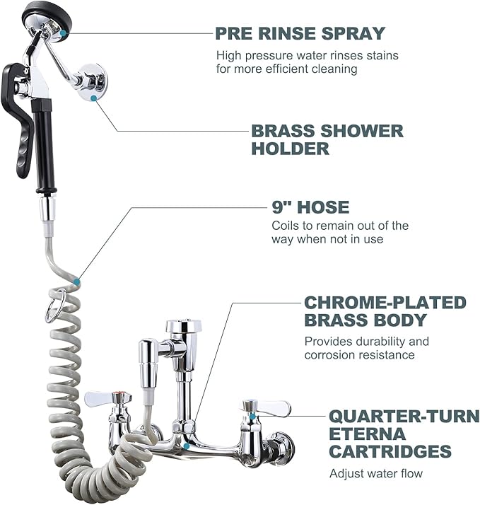 Pet Grooming Faucet, Wall Mount 8" Centers Mixing Faucet, Brass Pet Grooming Unit with Aluminum Spray Valve, Coiled Hose, Vacuum Breaker, Lever Handles for Shower Bathroom Garden Outdoors Sink