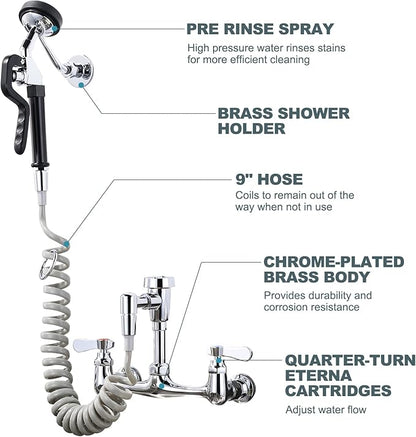Pet Grooming Faucet, Wall Mount 8" Centers Mixing Faucet, Brass Pet Grooming Unit with Aluminum Spray Valve, Coiled Hose, Vacuum Breaker, Lever Handles for Shower Bathroom Garden Outdoors Sink