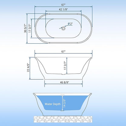 67 Inch Acrylic Freestanding Bathtub, Bathtub with Matte Drain and Overflow, Modern Square Tub, Deep Ergonomic Design, cUPC Certified, Double-Walled Insulation, Easy Install and Safe Use, Grey