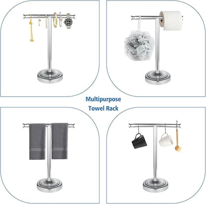 RUMOSE 13 Inch Polished Chrome Towel Stand Hand Towel Holder Bathroom Kitchen Vanity Countertop T-Shape Towel Rack Free Standing Stainless Steel Towel Bar Towel Ring