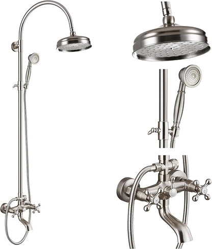 gotonovo Exposed Bathroom Shower System Classic Shower Kit 8 Inch Luxurious Rainfall Shower Head Handheld Spray Tub Filler Brass Pipe 3-Function Wall Mount Double Cross Knobs Brushed Nickel