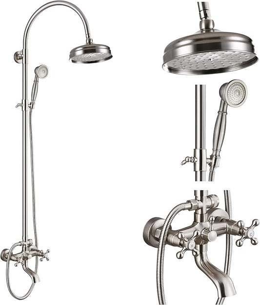 gotonovo Exposed Bathroom Shower System Classic Shower Kit 8 Inch Luxurious Rainfall Shower Head Handheld Spray Tub Filler Brass Pipe 3-Function Wall Mount Double Cross Knobs Brushed Nickel
