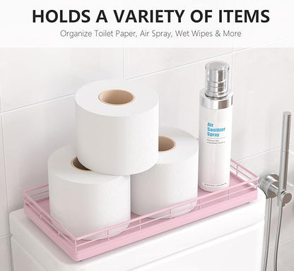 Toilet Tank Tray Organizer – Oak Wood Bathroom Counter Basket with Metal Frame, Back of Toilet or Tank Top Paper Holder Storage – Pink Modern Decor