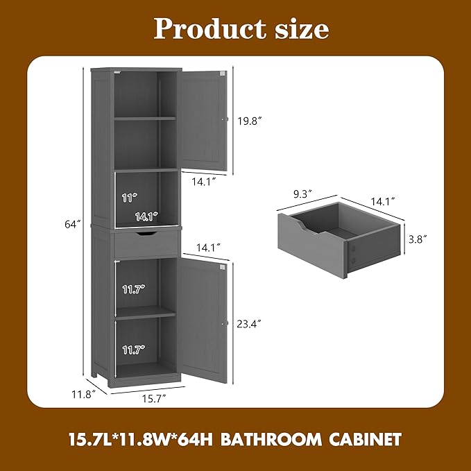 Walsunny Tall Bathroom Storage Cabinet with Freestanding Adjustable Shelves, Narrow Storage Linen Cabinet with 2 Doors and 1 Drawers for Bathroom, Living Room, Kitchen(Gray)